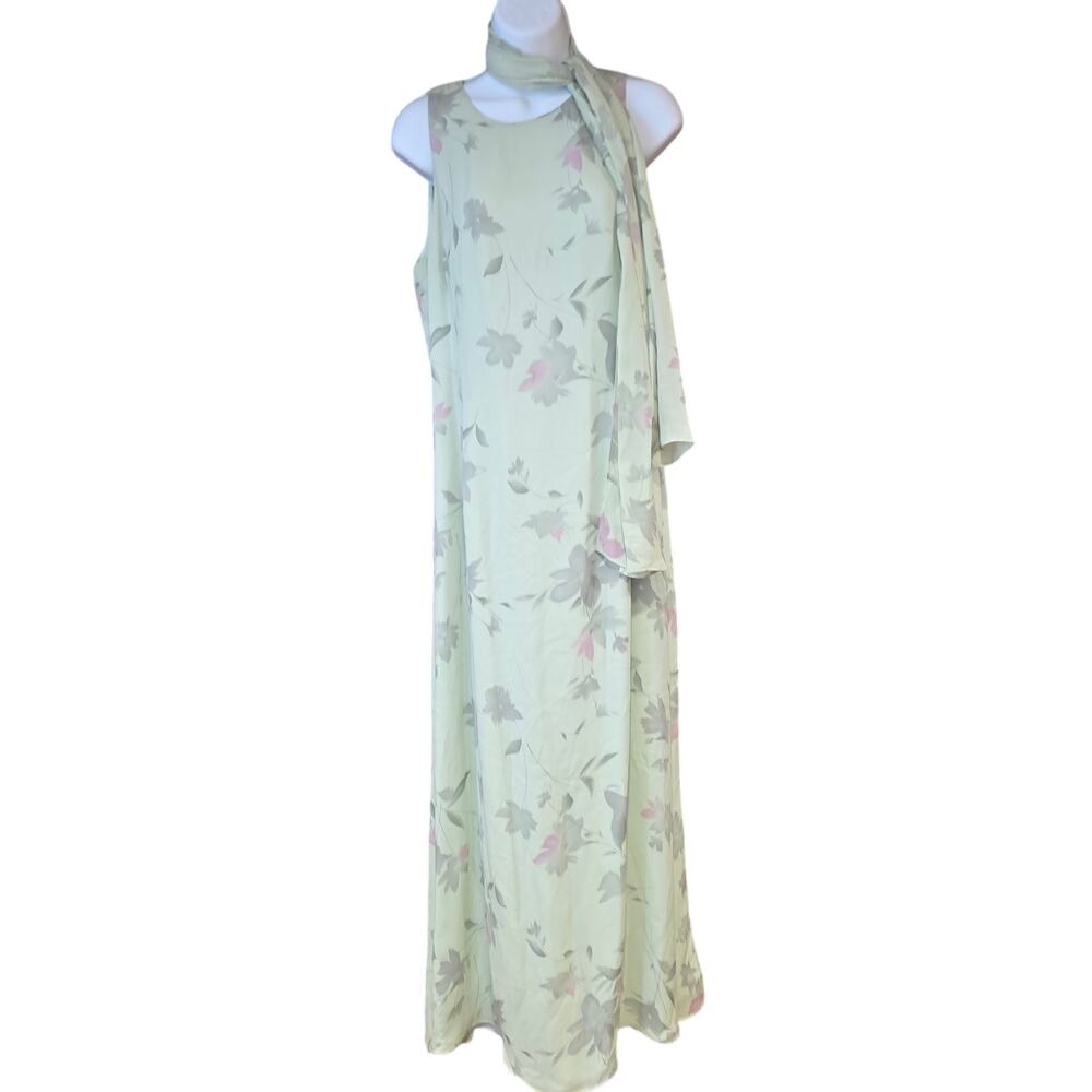 Vintage‎ Spenser Jeremy, light green, floral, sleeveless maxi dress w/scarf sz 8